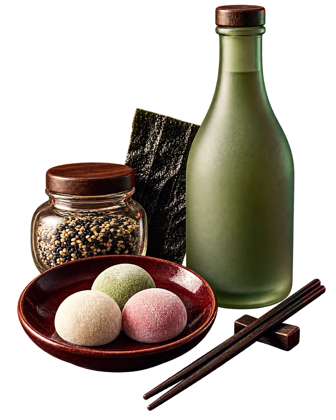 Composição ilustrativa com doces, bebida, ingredientes e cerâmica oriental.